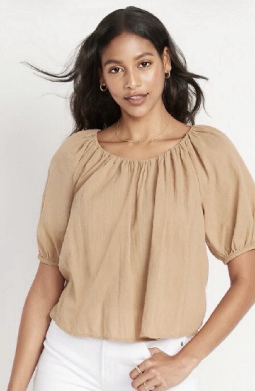 Old Navy Puff Sleeve Cutout Tie Back Swing Blouse Tan L Tall Boxy Boho Neutral